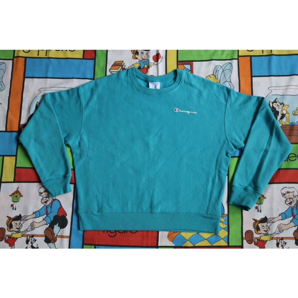 Teal Champion Reverse Weave Spell Out Crew Neck Sweatshirt Aqua XL